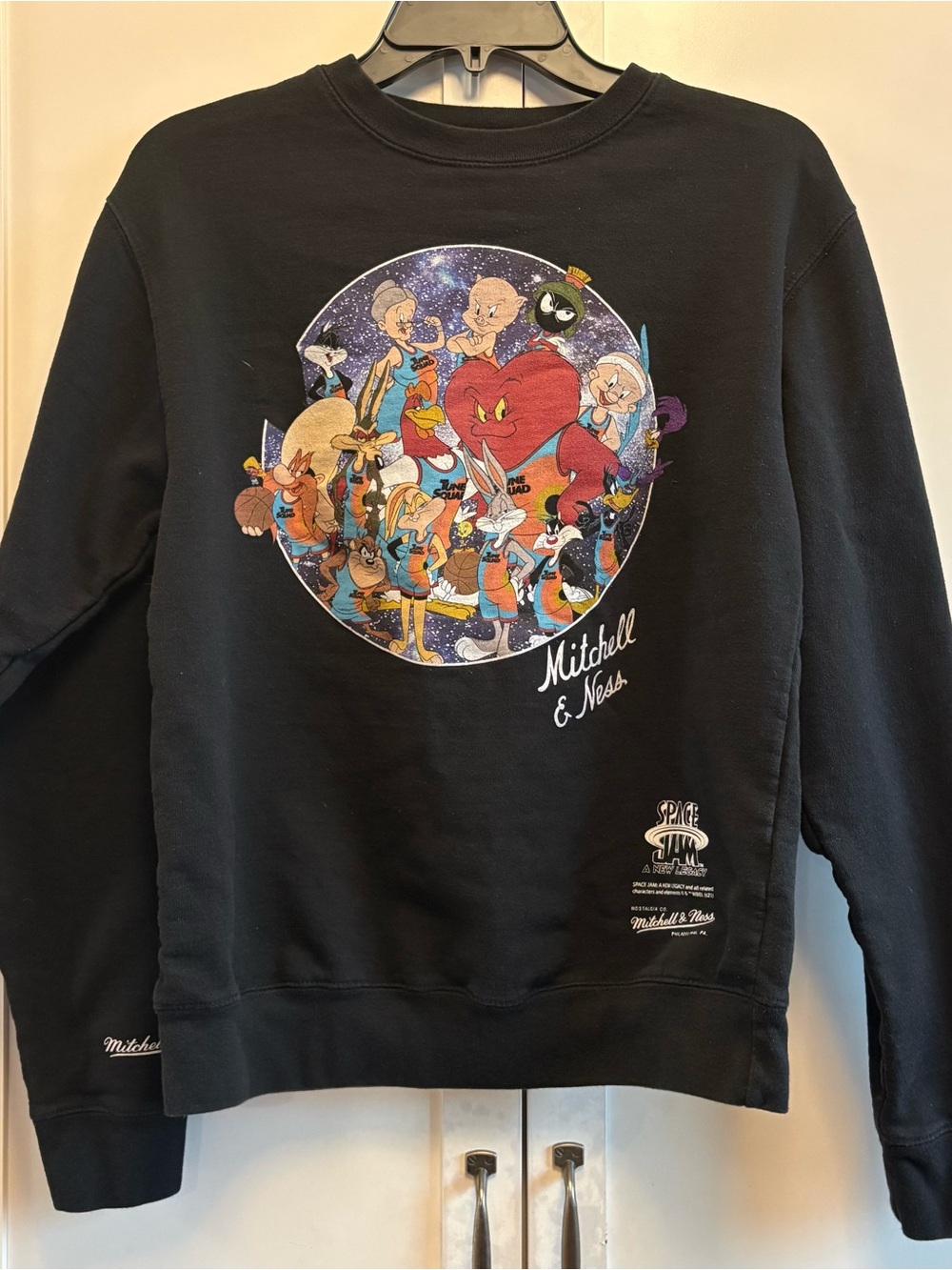 Mitchell & Ness Black Space Jam Crewneck with Colorful Character Graphic